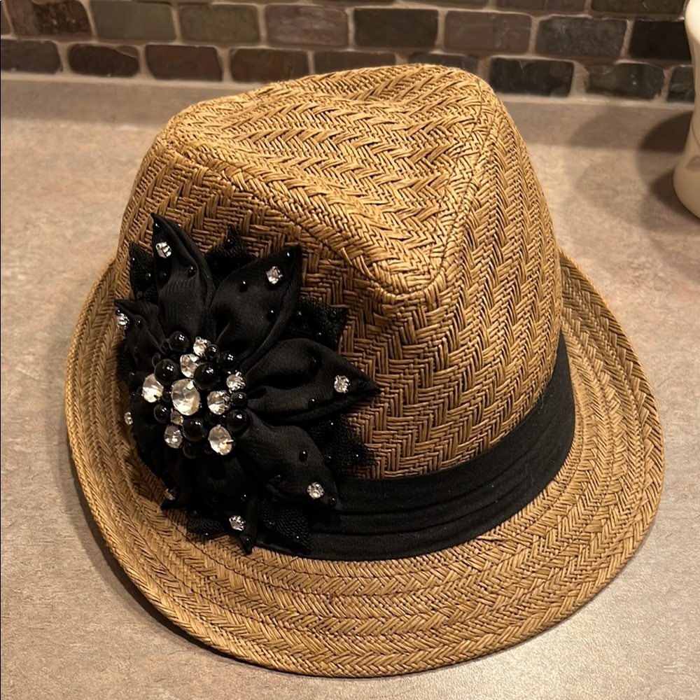 Stylish Tan Fedora with Black Floral Accent